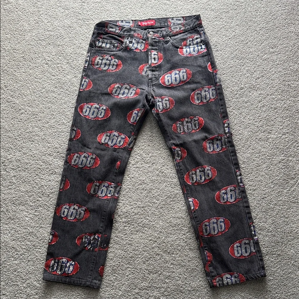 Supreme Black Denim Jeans with Red and White 666 Allover Print - Picture 1 of 5